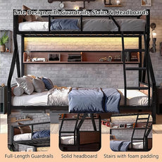 Bellemave Twin XL Over Queen Bunk Bed with Shelves, Metal Bunk Beds with Ladders and Lights, Heavy-Duty Bunkbed for Bedrooms, Guest Rooms and Dorms, No Box Spring Needed and Noise-Free Design, Black