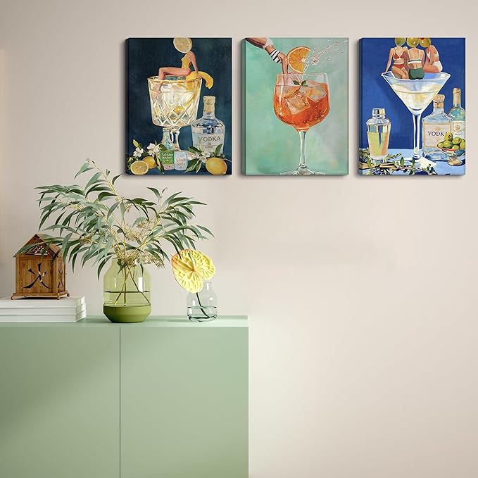 Vintage Cocktail Canvas Wall Art Set of 3, Retro Dirty Martini Bar Cart Wall Decor Paintings, Preppy Alcohol Aesthetic Posters Prints Pictures for Bar College Girls Apartment Dorm 12x16 Inch Framed