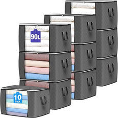 Budding Joy 90 L Large Storage Bags, 10 Pack Clothes Storage Bins Foldable Closet Organizers Storage Containers with Reinforced Handle for Clothing, Blanket, Comforters, Bed Sheets, Pillows (Gray)
