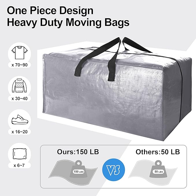 6 Pack Heavy Duty Extra Large Moving Bags W/Backpack Straps - Strong Handles & Zippers, Storage Totes For Space Saving, Fold Flat, Alternative to Box and Bin (40 gal, Silver)