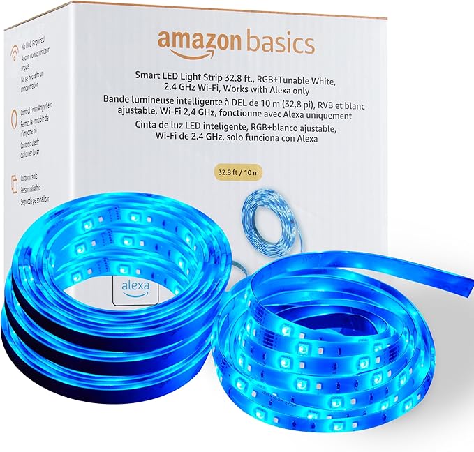 Amazon Basics Smart LED Light Strip, 32.8 Feet (2 Rolls of 16.4 Feet), RGB + Tunable White, Works with Alexa Only, 2.4 GHz Wi-Fi, No Hub Required