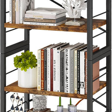Homeiju Bookshelf, Dorm Desk Hutch, Desk Shelf Organizer, 4 Tier Stackable Bookcase, Adjustable Industrial Book Shelf Storage Organizer for Desktop, Living Room, Bedroom, Office,Rustic Black and Brown