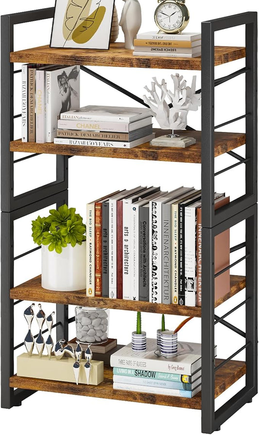 Homeiju Bookshelf, Dorm Desk Hutch, Desk Shelf Organizer, 4 Tier Stackable Bookcase, Adjustable Industrial Book Shelf Storage Organizer for Desktop, Living Room, Bedroom, Office,Rustic Black and Brown