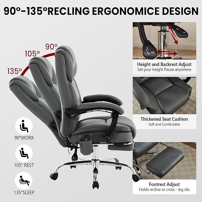 Massage Office Chair with Heat, Desk Chairs Executive with Foot Rest, Reclining Chair Big and Tall for Heavy People,4 Points Vibration 500lbs,Adjustable Lumar Support Grey