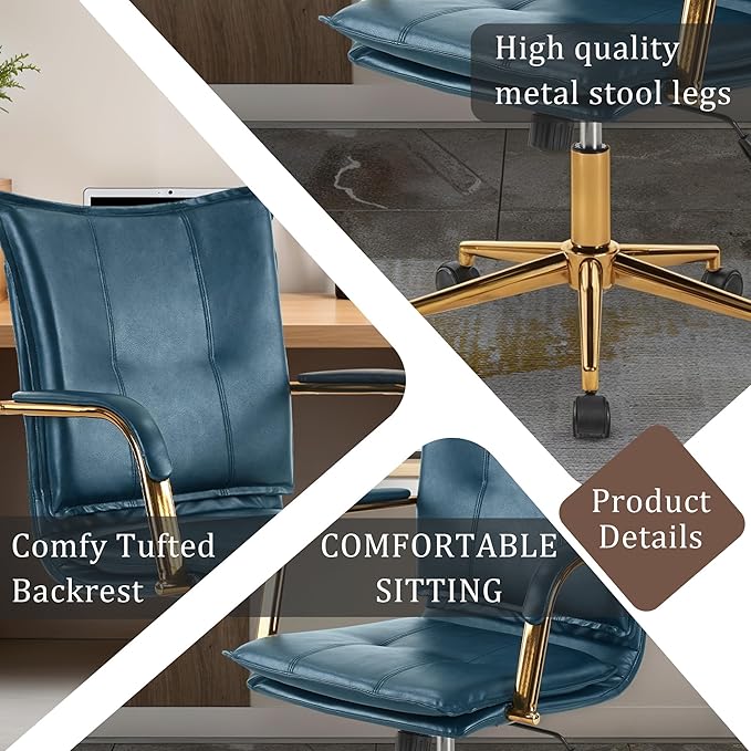 MOJAY Mid-Back Ergonomic Leather Office Chair, Modern Upholstered Executive Desk Chair with Gold Frame Armrest Computer Task Chair (DarkBlue)