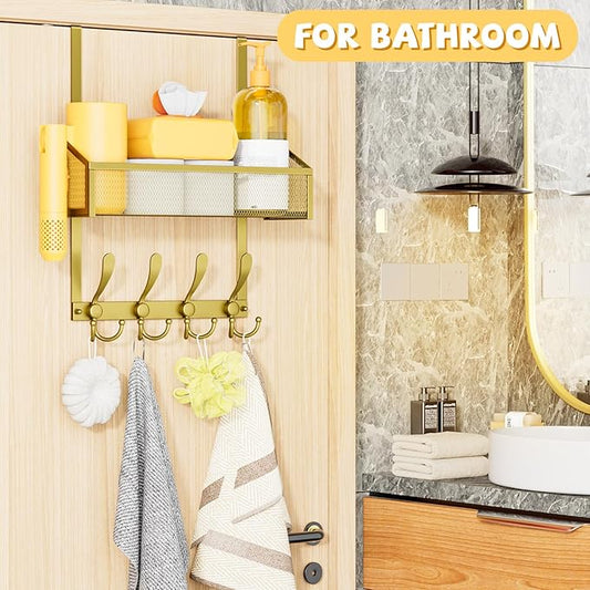 Over The Door Hooks Organizer, Coat Rack Over The Door Storage Hanger Towel Rack, Back of Storage Organizer for Bathroom,Bedroom,Kitchen,Office(Gold 2-Tier)