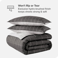 Bare Home Bed-in-A-Bag 7 Piece Comforter & Sheet Set - King - Goose Down Alternative - Ultra-Soft 1800 Premium Bedding Set (King, Grid - Grey/White Comforter Set, White Sheet Set)