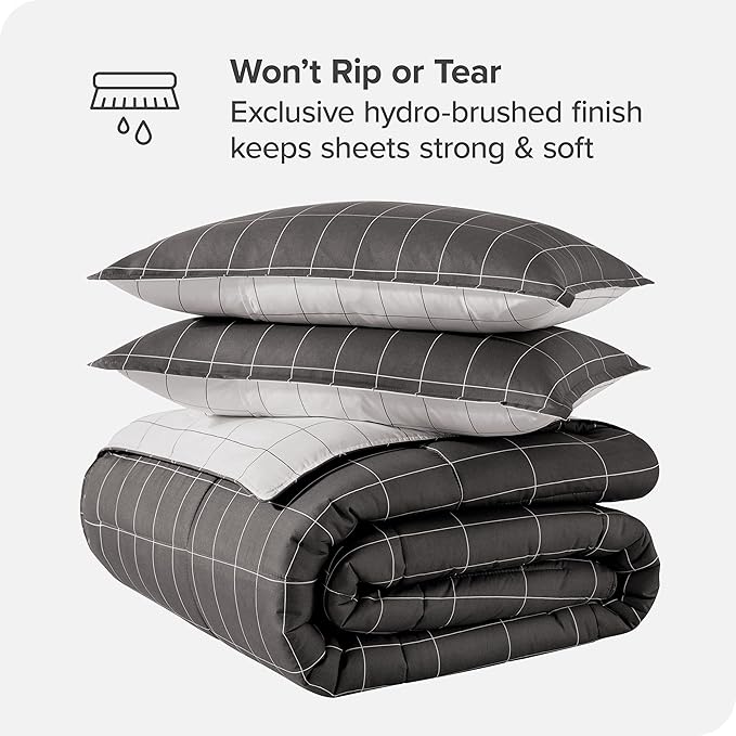 Bare Home Bed-in-A-Bag 7 Piece Comforter & Sheet Set - King - Goose Down Alternative - Ultra-Soft 1800 Premium Bedding Set (King, Grid - Grey/White Comforter Set, White Sheet Set)