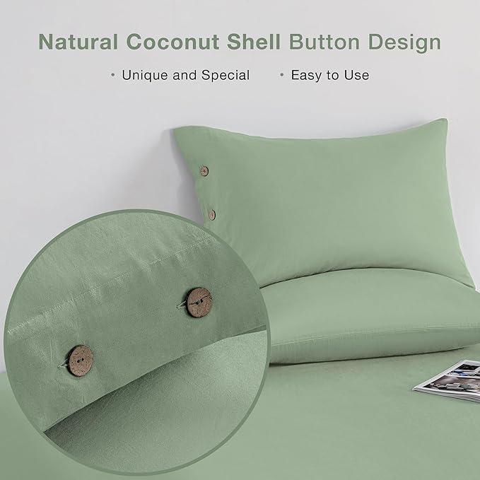JELLYMONI Pillowcases Standard Set of 2 Cotton Button Pillow Covers 20×26in Light Green Bed Pillow Cases 100% Washed Cotton Soft Breathable (Pillows are not Included)