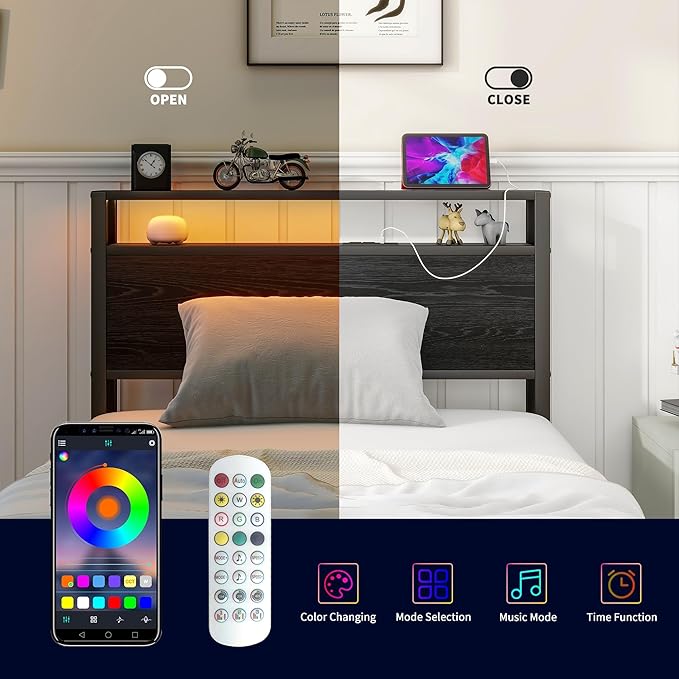 HOJINLINERO Twin Bed Frames with LED Light and Charging Station, Wood Storage Headboard with 2-Tier Shelves, Metal Platform Bed with Heavy Duty Slats Support, No Box Spring Needed, Black