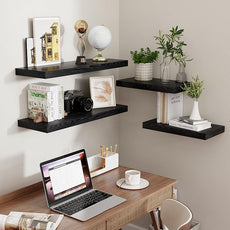 Floating Shelves 16 Inch Long, Wall-Mounted Bathroom Shelves Set of 2, 9.3 Inch Deep Shelf for Home Storage & Display, Wooden Deep Wall Shelves for Bedroom, Living Room, Kitchen, Black Color