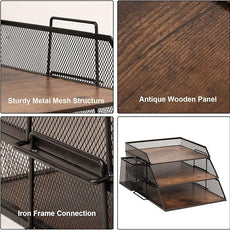 Vintage Wood & Metal Letter Tray， Stackable Desk Organizers Paper Tray， for File Magazines Mail Organizer, Vintage Wood Desk File Organizer with Pen Holder(3 Layer)