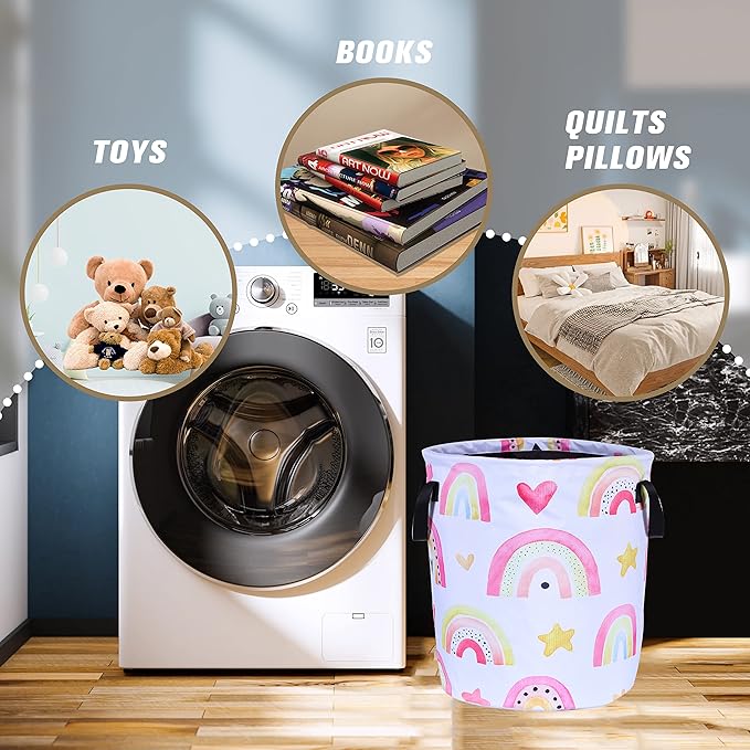 Colorful Rainbow Stars Laundry Basket Foldable Oxford Cloth Funny Tote Bag Laundry Hamper Clothes Storage Bucket Organizer For Bathroom/Laundry Storage/Bedroom 17.7x13.7 Inch