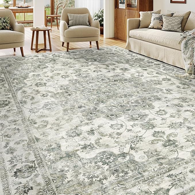 10x12 Neutral Area Rug Green Vintage Living Room Bedroom Washable Carpet Non-Slip Soft Low Pile Floral Indoor Large Throw Rug for Dining Room Office