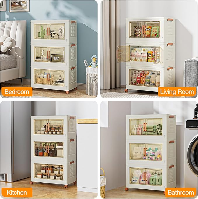 VECELO 180 QT Stackable Storage Bins with Wheels, Magnetic Dual Opening Doors & Transparent Panels, Plastic Foldable Storage Containers for Living Room, Bedroom, Kitchen, Office