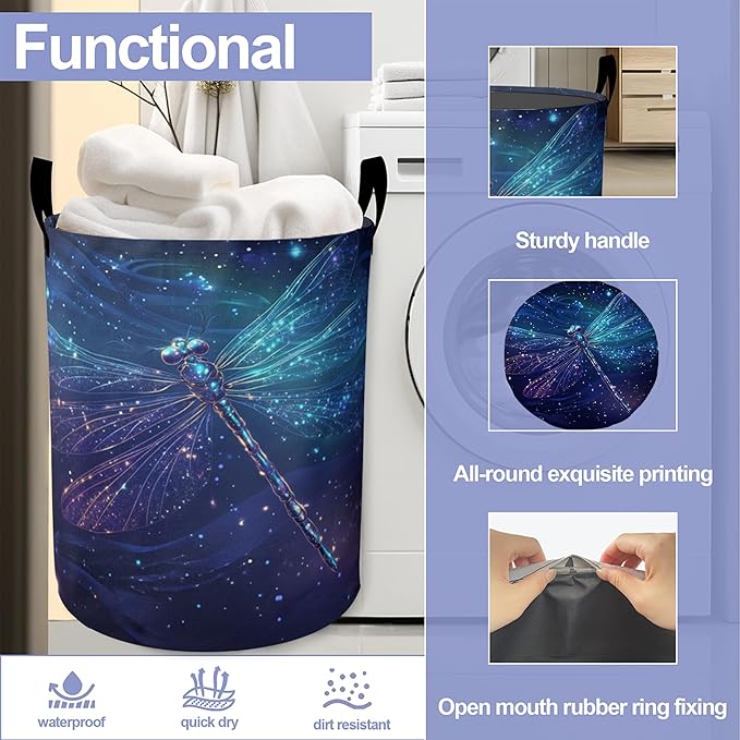 Laundry Basket-Retro Blue Dragonfly Foldable Waterproof Oxford Cloth Funny Tote Bag Laundry Hamper Clothes Storage Bucket Organizer For Bathroom/Laundry Storage/Bedroom Storage Basket
