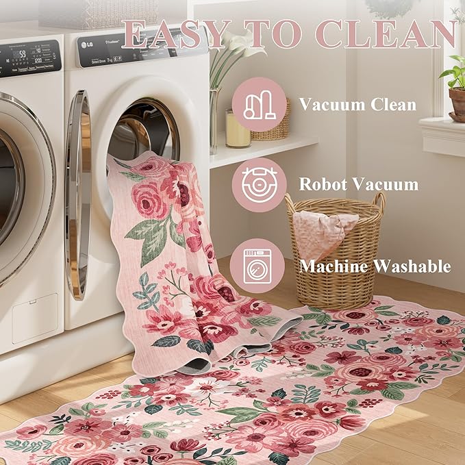 DUKINO 2.6x8 Runner Rug for Hallway, Washable Kitchen Rug with Non Slip Backing & Non-Shediing, Soft Low Pile Floral Design Runner for Bedroom, Kithchen, Living Room, Laundry, Bathroom, Pink