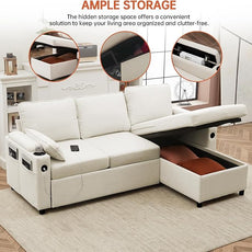 DURASPACE Sofa Bed, Sleeper Sofa Couch with Pullout Bed for Living Room, L Shaped Couch with Storage Chaise, USB, Cup Holder (Beige)