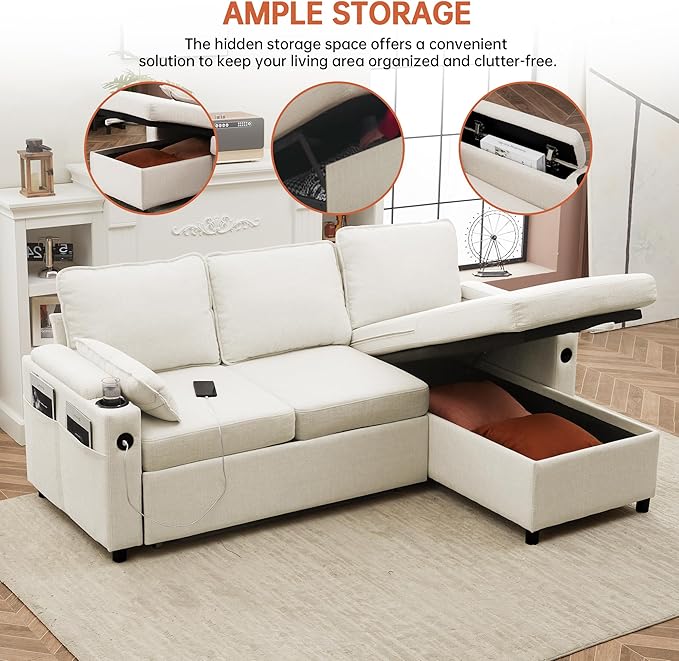 DURASPACE Sofa Bed, Sleeper Sofa Couch with Pullout Bed for Living Room, L Shaped Couch with Storage Chaise, USB, Cup Holder (Beige)