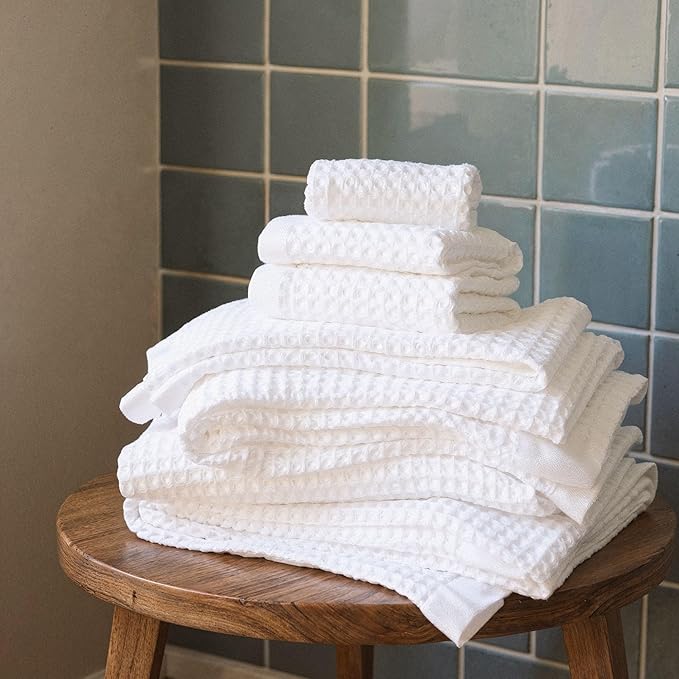 Italic Sedona Luxe Waffle Towel Set, 410 GSM 6-Piece 100% Cotton Set with 2 Bath Sheets, 2 Hand Towels & 2 Washcloths, Spa-Quality, White
