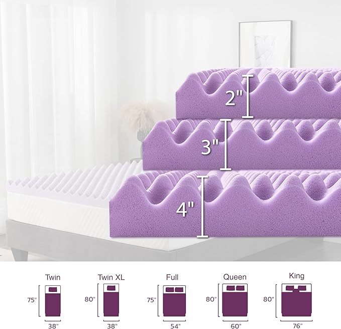 4 Inch Egg Crate King Memory Foam Mattress Topper, Lavender Scent Gel Infused Foam Mattress Topper for Pressure Relief, CertiPUR-US Certified King Bed Topper, Purple, 76"×80"