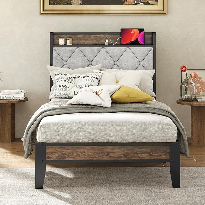 Sweetcrispy Twin Bed Frame with Headboard, Storage Headboard with USB Charging Station, Durable Squeak-Free Frame, Simple No-Tool Assembly,Works with Twin Mattress No Box Spring Needed