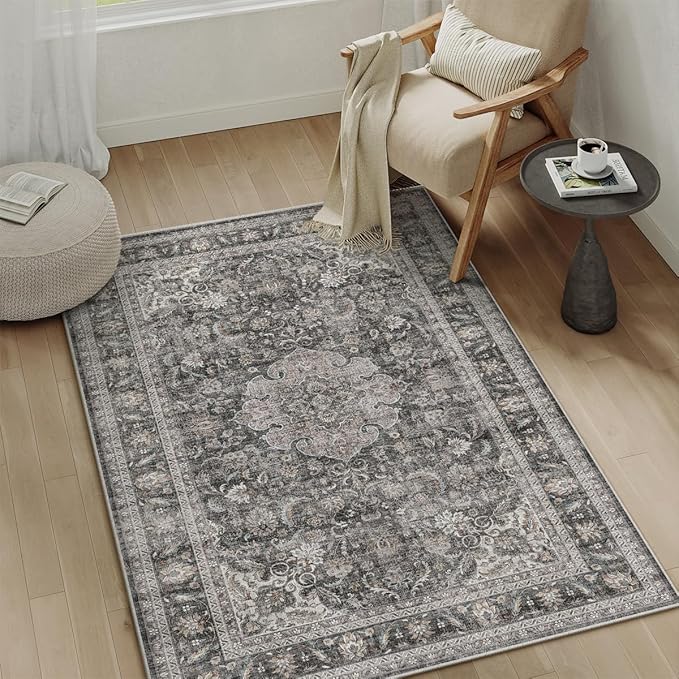 3x5 Washable Vintage Area Rug Black Grey Entryway Office Carpet Non-Slip Soft Low Pile Distressed Throw Rug for Entrance Living Room Bathroom Dining Room