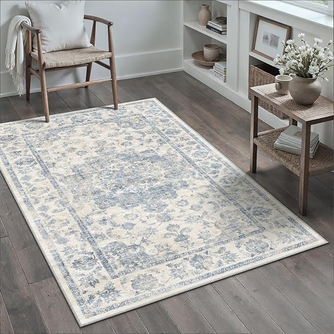 4x5 Washable Neutral Area Rug Blue Vintage Entryway Office Carpet Non-Slip Soft Low Pile Floral Indoor Throw Rug for Living Room Bathroom Dining Room