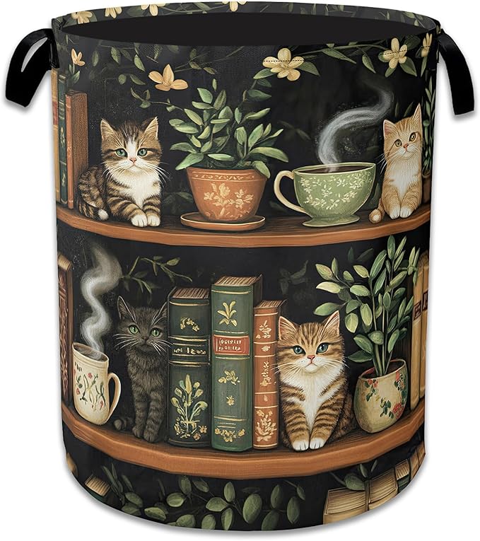 Cute Cat Laundry Basket,Foldable Oxford Cloth Bookshelf Laundry Hamper With Handle, 20.8"x16" Portable Clothes Storage Basket Bag for Laundry Room/Bathroom/Bedroom/Dormitories
