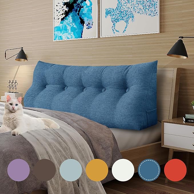 11 lbs Thickened Headboard Pillow Wedge Pillow Headboard Reading Pillow Bed for Comfortable Backrest Reading Triangular Pillow with Side Pocket for Sitting in Bed Cotton Linen Blue Queen