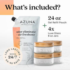 Azuna Air Freshener & Odor Eliminator for Strong Odor | 4 Room Kit Includes (4) Empty Luxe Glass Jar & 24oz Gel Refill with Tea Tree Essential Oil | Simply Citrus | Last 60-90 Days