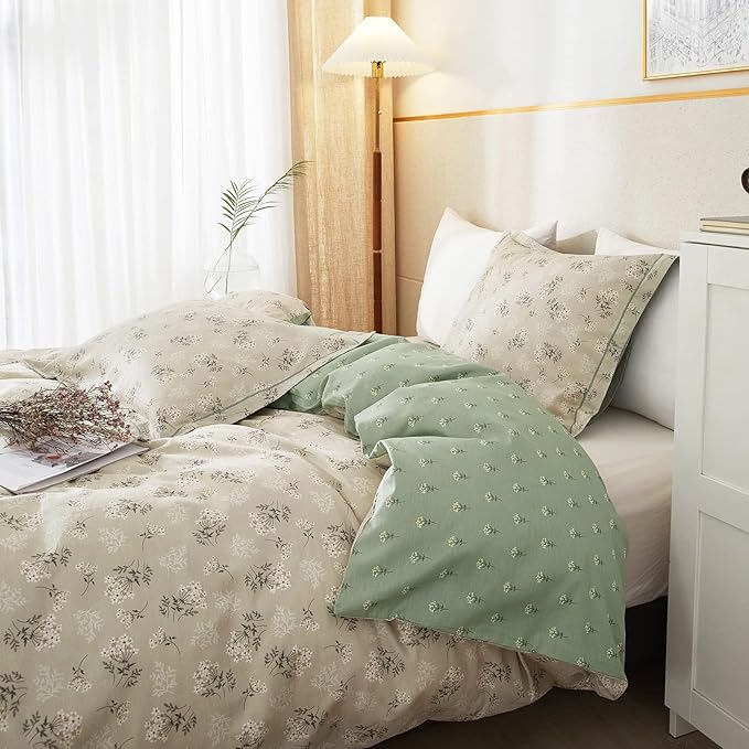 mixinni Boho Chic Printing Beige Duvet Cover Set Twin XL Vintage Green Floral Soft Cotton Bedding Comforter Cover with 1 Flower Duvet Cover 2 Pillowcases Perfect for Girls-(3pcs, Twin XL)