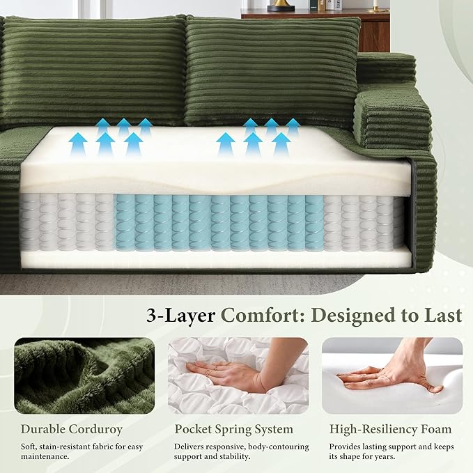96''Sectional Couches for Living Room,Modern Modular Sectional Sofa,Upholstered Boneless Couch with Pockets,Comfy Cloud Couch with L Shaped Chaise (Green, 96''W Left Facing Chaise)