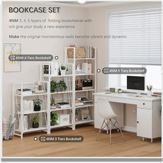4NM No Assembly Folding Bookshelf Storage Shelves 3 Tiers Vintage Bookcase Standing Racks Study Organizer Home Office (All White)