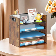 Wood Desk Organizer - 4-Tier Desktop File Organizer, Wooden Paper Organizer, Office Desk Organizer for Papers, Mail, Notebooks, Stationery