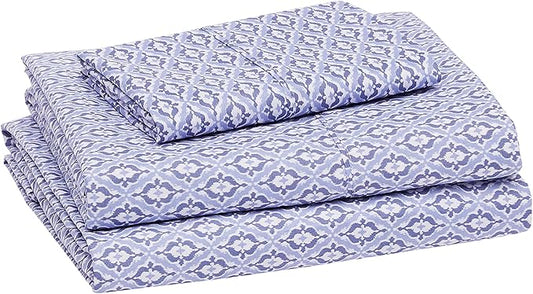Amazon Basics Lightweight Super Soft Easy Care Wrinkle Free Microfiber 3 Piece Bed Sheet Set with 14-Inch Deep Pockets, Twin, Blue Damask, Printed, Kids, Men & Women Bedding (Pack of 4) AmazonBasics