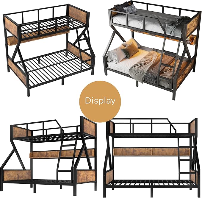 Twin over Full Bunk Bed with Storage Shelves, Metal Bunk Beds with Ladders and Lights, Heavy-duty Bunkbed for Bedrooms, Guest Rooms and Dorms, No Box Spring Needed and Noise-free Design, Woodgrain