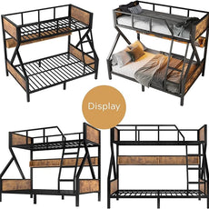 Twin over Full Bunk Bed with Storage Shelves, Metal Bunk Beds with Ladders and Lights, Heavy-duty Bunkbed for Bedrooms, Guest Rooms and Dorms, No Box Spring Needed and Noise-free Design, Woodgrain