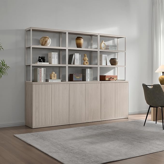 SICOTAS Book Shelf Fluted Bookshelf Cabinet - 75" Tall Bookcase 6 Tier Large Bookshelves with Door Storage Modern Triple Wide Book Shelves Case for Living Room Office Library, Metal Frame, White Alder
