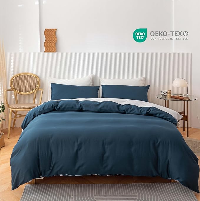 HeimenAogo Egyptian Cotton Duvet Cover Set Full, Ultra Soft and Breathable Comforter Cover with Zipper Closure, High Thread Count Long Staple Cotton Blanket Cover 3pcs Ensign Blue (80"×90")
