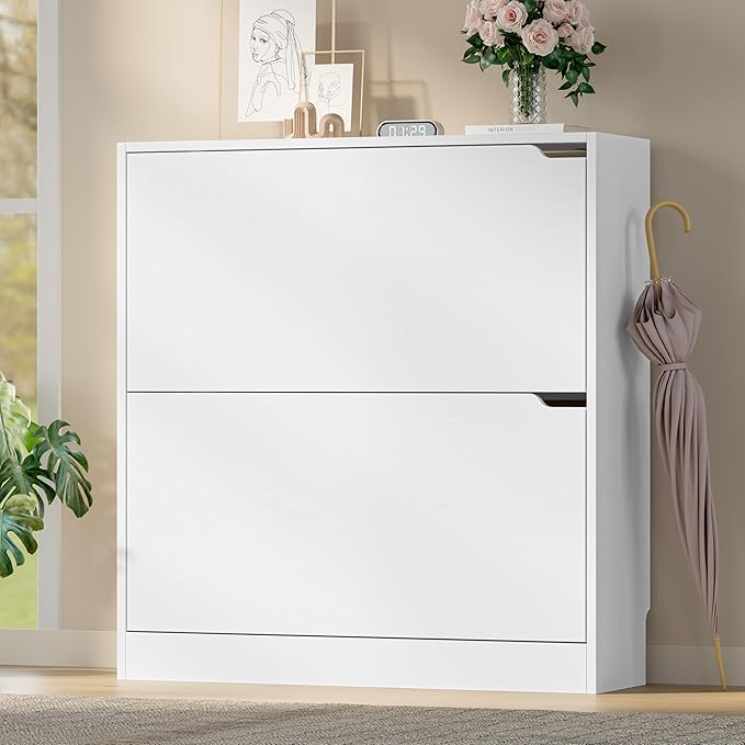 Shoe Cabinet with 2 Flip Drawers, Slim Narrow Shoe Storage Cabinet, Freestanding Shoe Organizer with Adjustable & Removable Shelves, Top Display Shelf for Entryway, Hallway, Foyer, Closet