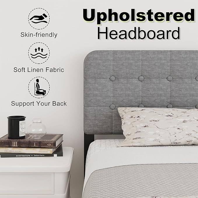 Twin Bed Frames with Upholstered Headboard and Metal Footboard 14 Inch, Twin Platform Bed Frame with Strong Metal Slats Support, Under-Bed Storage, Noise Free, Easy Assembly