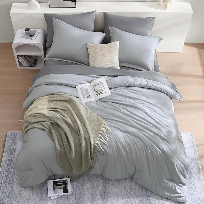 WRENSONGE Twin Comforter Set- 5 Pieces Light Grey Bed in a Bag, All Season Twin XL Bedding Sets with 1 Fitted Sheet, 1 Flat Sheet, 1 Pillow Sham and 1 Pillowcase