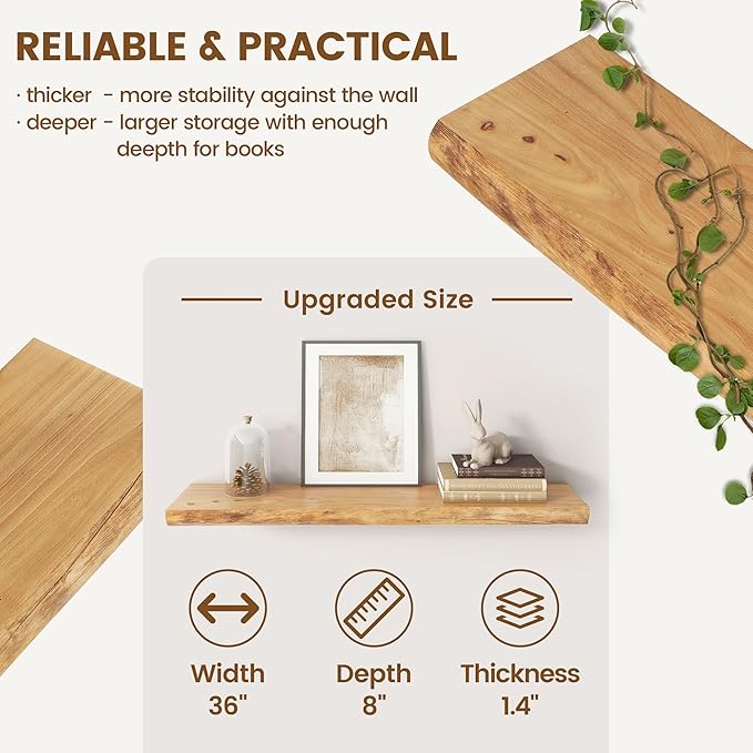 Live Edge Elm Floating Shelves for Wall Decor, Rustic Solid Wood Shevles Wall Mounted with Invisible Bracket for Living Room Bathroom Bedroom Kitchen, 36 Inch Set of 2, Natural
