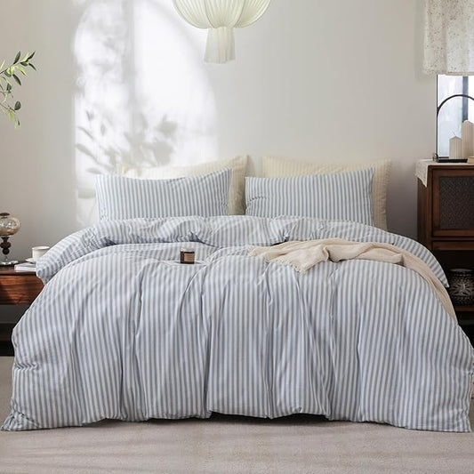 FOSSA Striped Duvet Cover Set 100% Washed Cotton Linen Feel Super Soft Breathable Cozy 3 Pieces Bedding Sets Cornflower Blue White Classic Stripes Queen