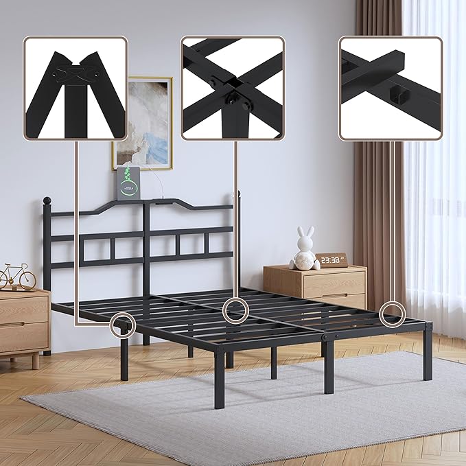 Metal Bed Frame with Charging Station - 14 Inch King Size Heavy Duty Bedframe with Headboard Black Basic Steel Slats Platform No Box Spring Needed/Noise Free