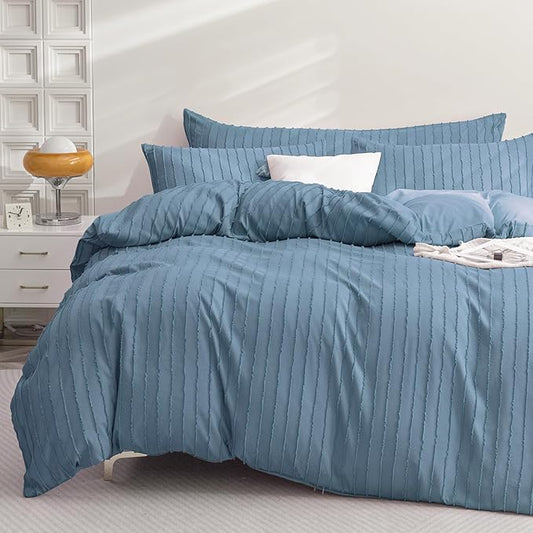 JELLYMONI Duvet Cover Twin Size Blue - 3PCS Boho Striped Duvet Cover Set Polyester Tufted Bohemian Textured Comforter Cover 68×90in with Corner Ties & Zipper and 2 Pillowcases