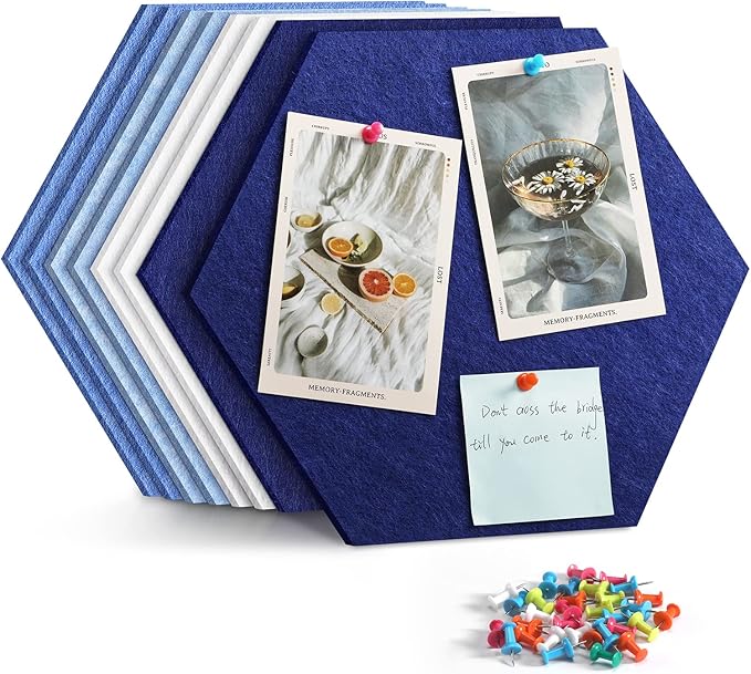 12" Large Bulletin Board with 30 Push Pins, Pack of 8 Hexagon Felt Pin Board Notice Boards for Home Office Kitchen, Felt Wall Tiles for Photos Memos