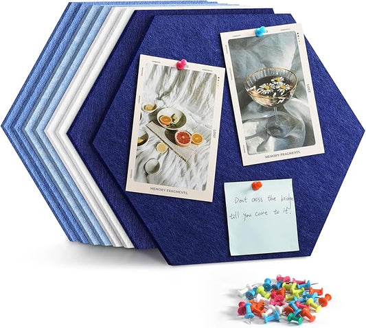 12" Large Bulletin Board with 30 Push Pins, Pack of 8 Hexagon Felt Pin Board Notice Boards for Home Office Kitchen, Felt Wall Tiles for Photos Memos