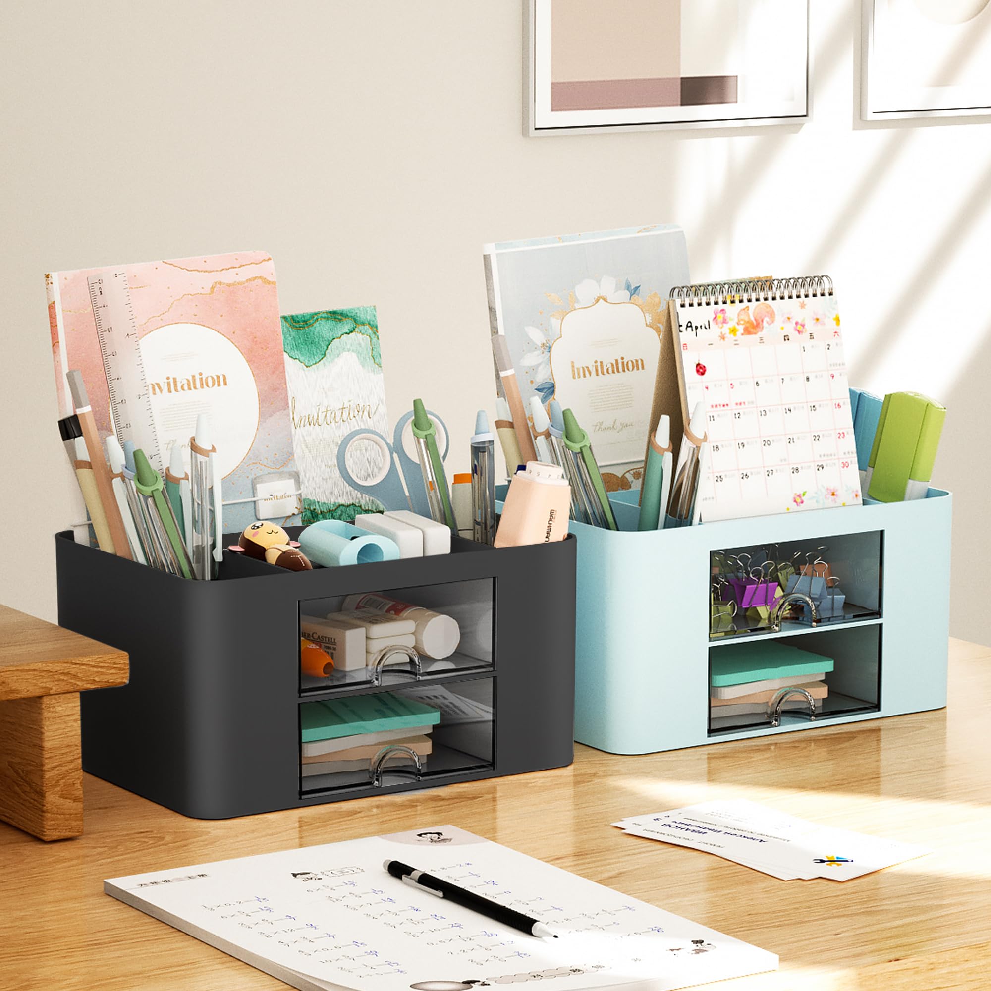 Marbrasse Pen Organizer with 2 Drawer, Multi-Functional Pencil Holder for Desk, Desk Organizers and Accessories with 5 Compartments + Drawer for Office Art Supplies (Blue) Dormly